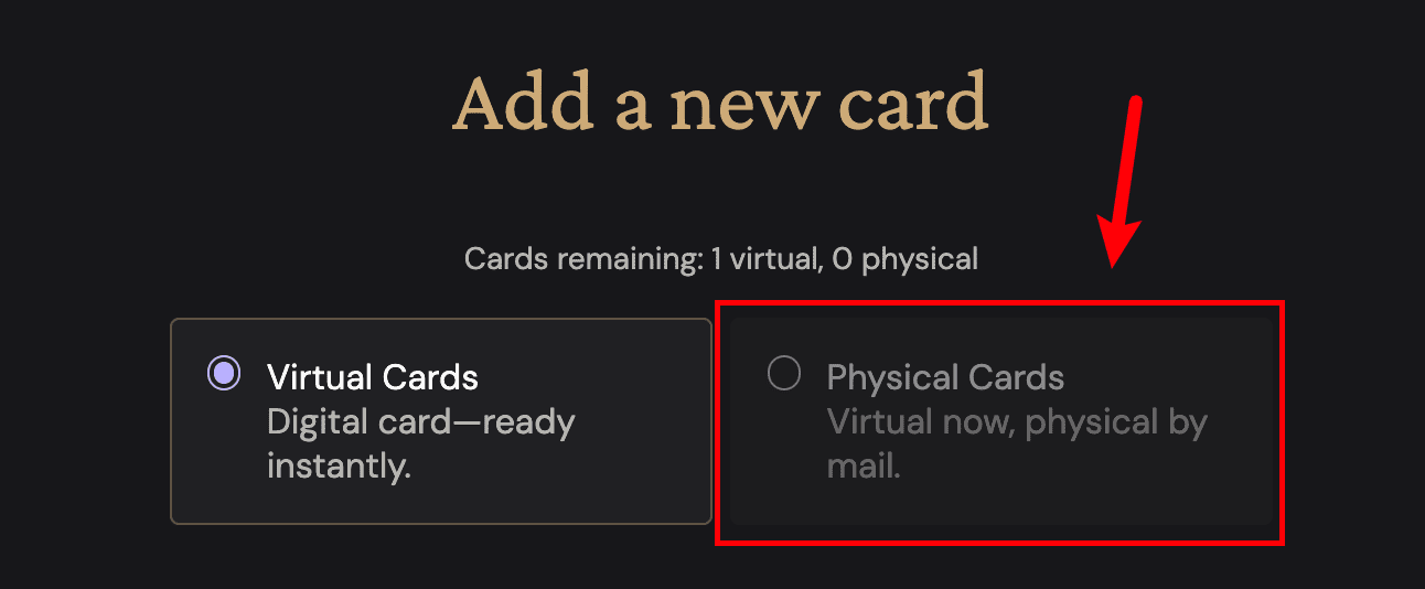Virtual Cards and Physical Cards choices on the ether.fi Add a new card screen