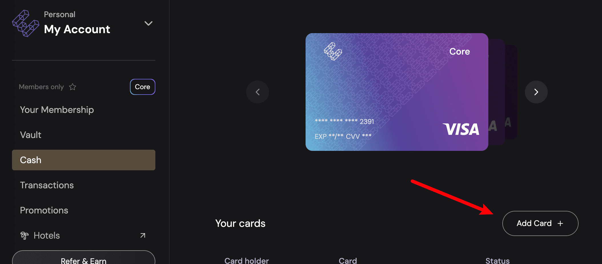 Add Card button on the ether.fi Cash card page