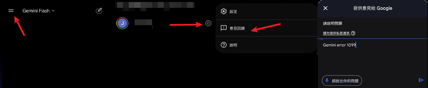 在 Gemini 設定中開啟意見回饋並回報 1099 錯誤