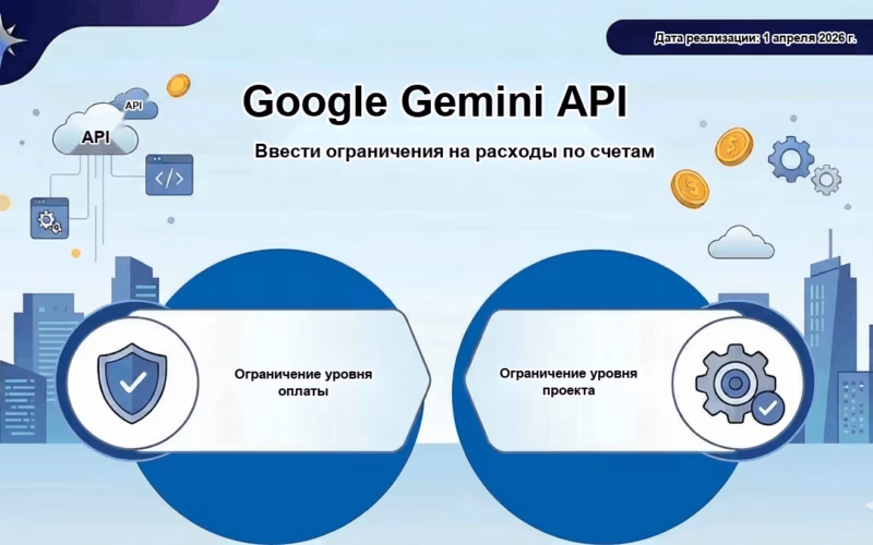 Локализованный скриншот для Google Gemini API Ограничения расходов по счетам будут введены с 1 апреля.